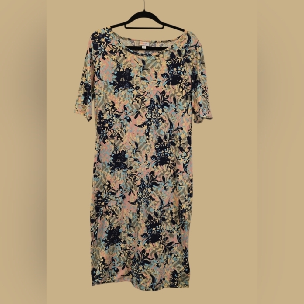 LuLaRoe Navy and Pastel Floral Midi Dress